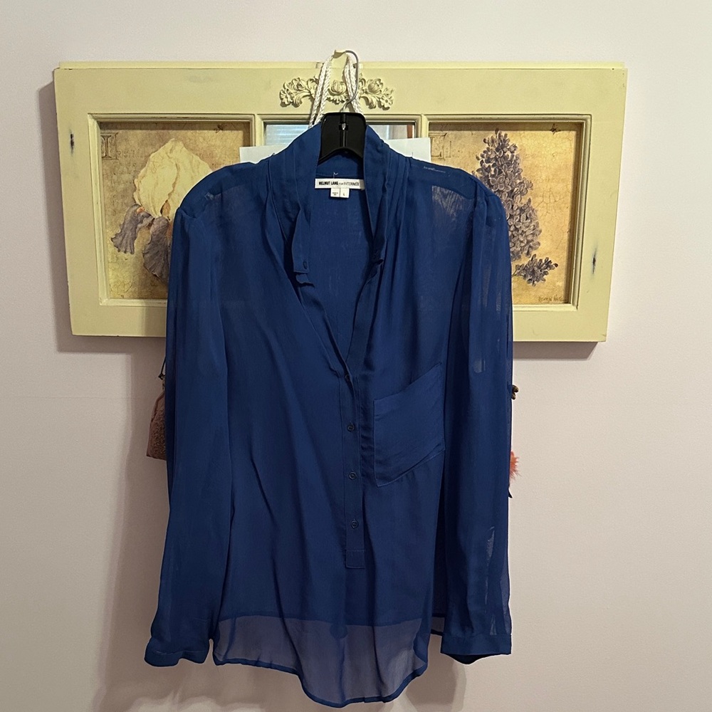 Helmut Lang Deep Blue Sheer Blouse with slit back 💕💕💜💕💕